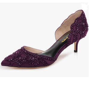 XYD Dark Purple Pointed Toe D'Orsay Kitten Heel Rhinestone Studs Slip-On Pump